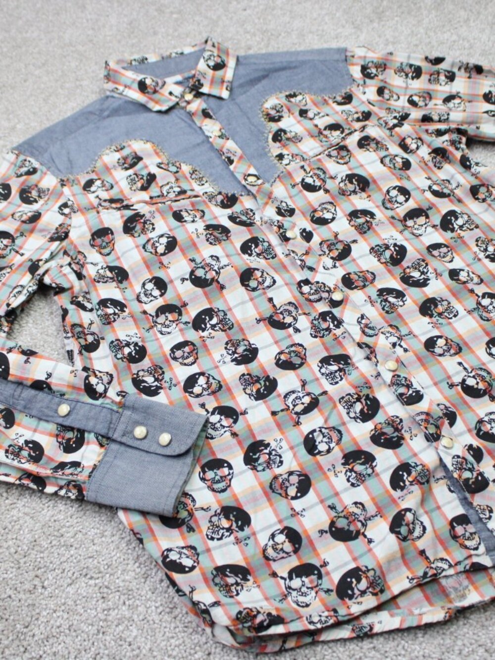 Rock Roll-n-Soul AOP Shirt Mens Small Orange Skull All Over Print Pearl Snap L/S - Picture 6 of 12